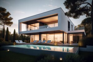 Modern luxury house with pool at sunset, featuring large windows and sleek architecture.